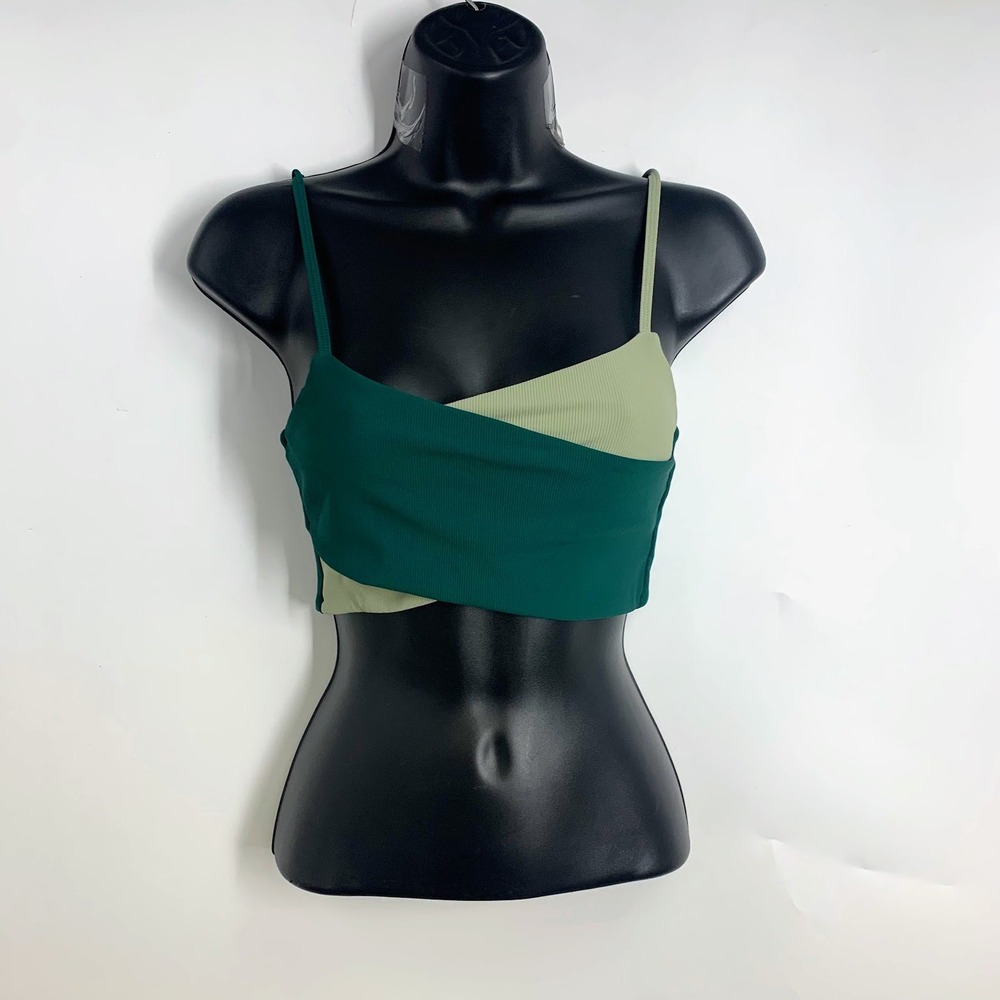 WILO Women Green Colorblock Ribbed Wrap Front Spaghetti Strap Crop Top Tank SZ S